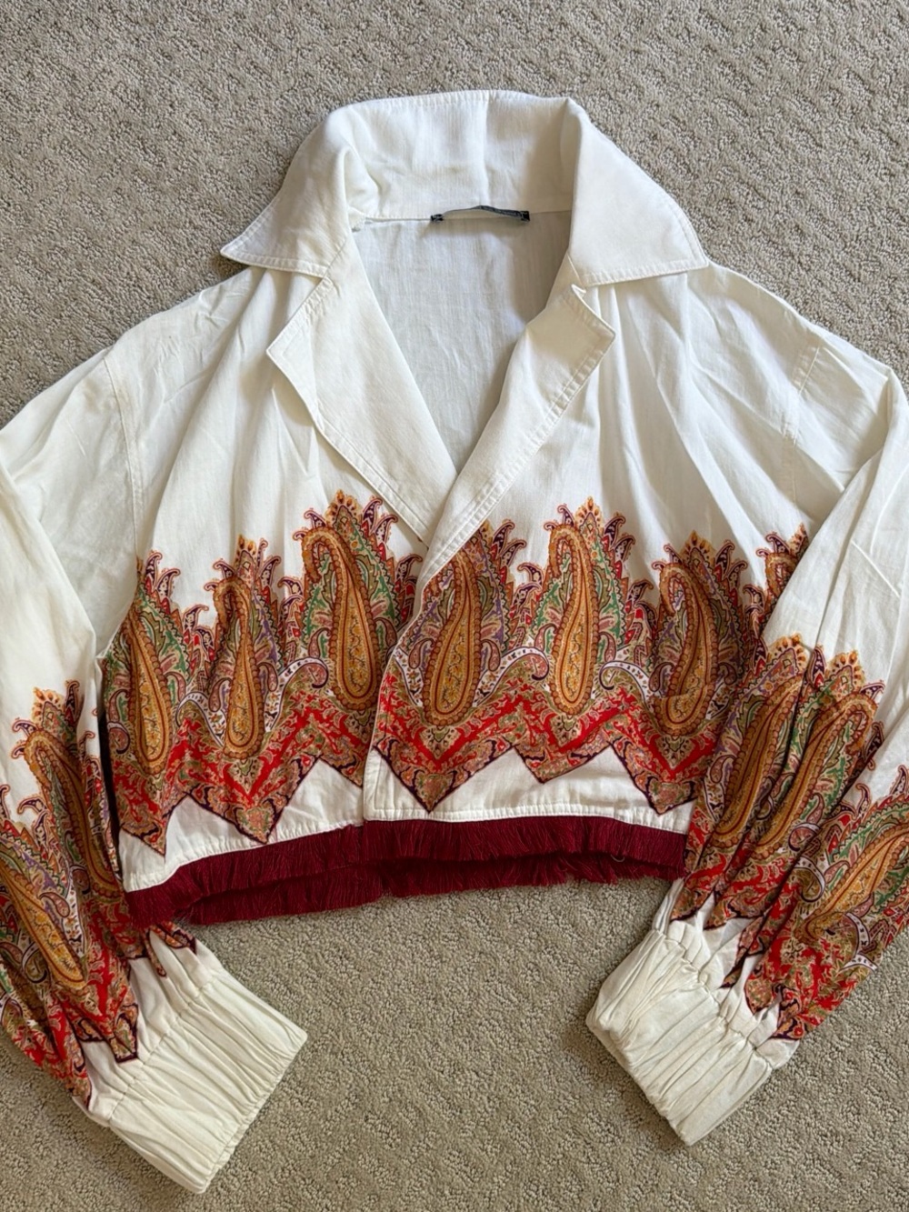 White Paisley Printed Cropped Jacket Top